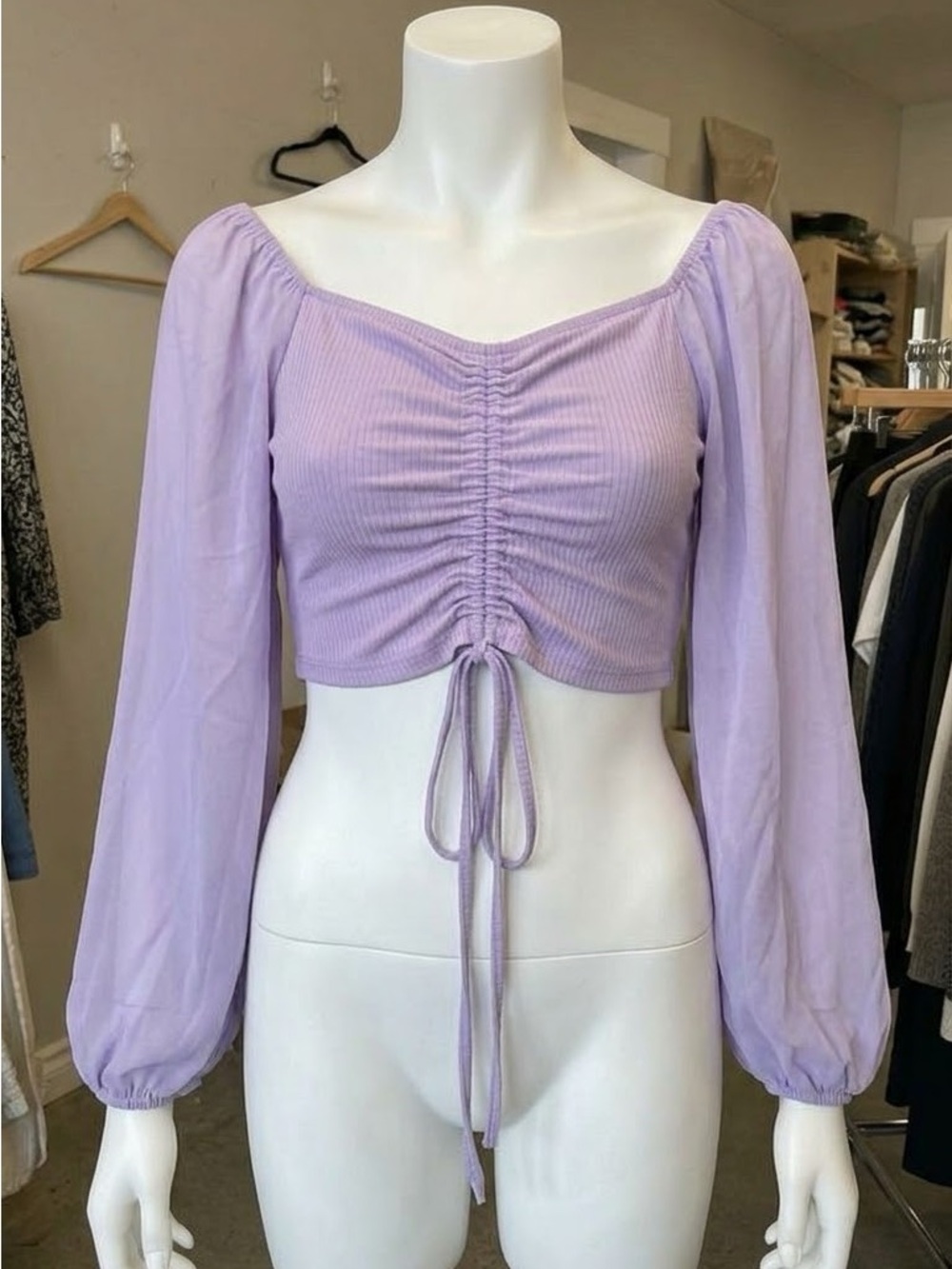 Boture Lavender Sheer Mesh Puff Sleeve Cinch Front Crop Blouse Top Size Medium